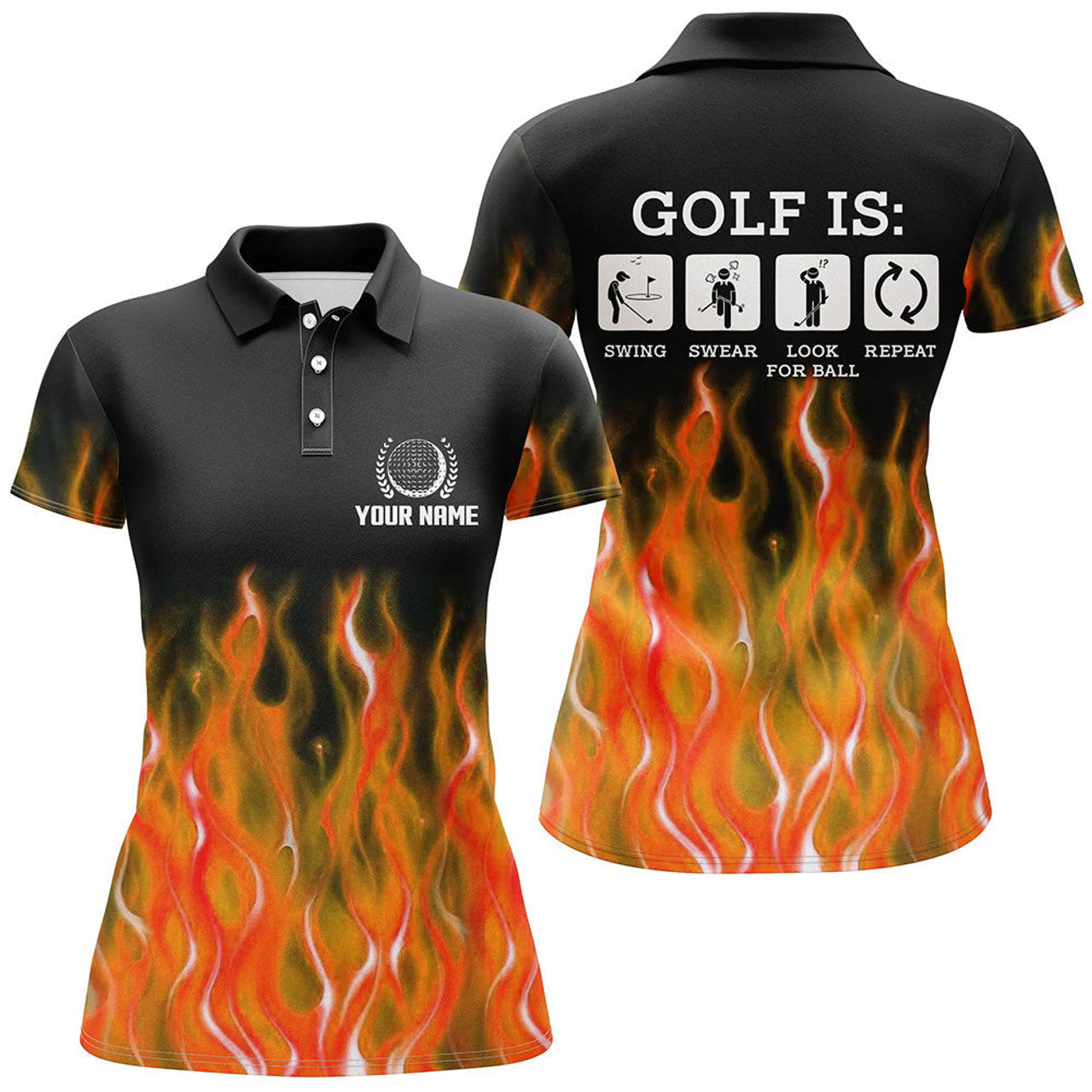 Custom Orange Flame Fire Golf Best Golfing Gifts Womens Polo Shirts S-5XL