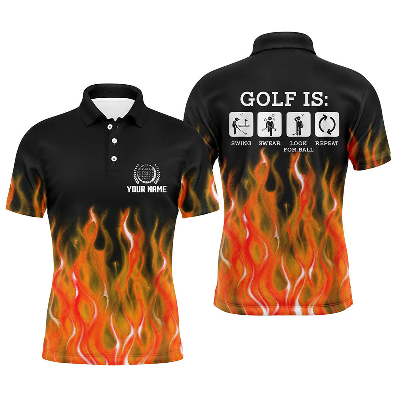 Mens Orange Flame Golf Polo Shirts, Personalized Fire Golf Polo Shirt Size S-5XL