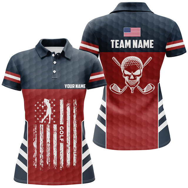Custom Patriotic Golf Shirt with American Flag and Skull Women's Polo Shirts S-5XL