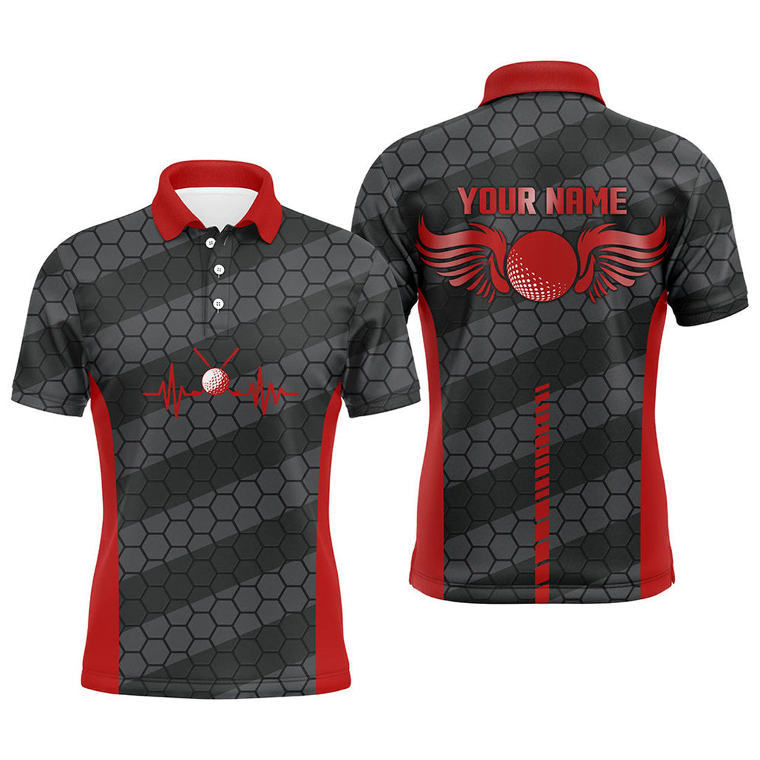 Custom Red and Black Heartbeat Golf Polos Cool Gifts Men's Polo Shirt S-5XL