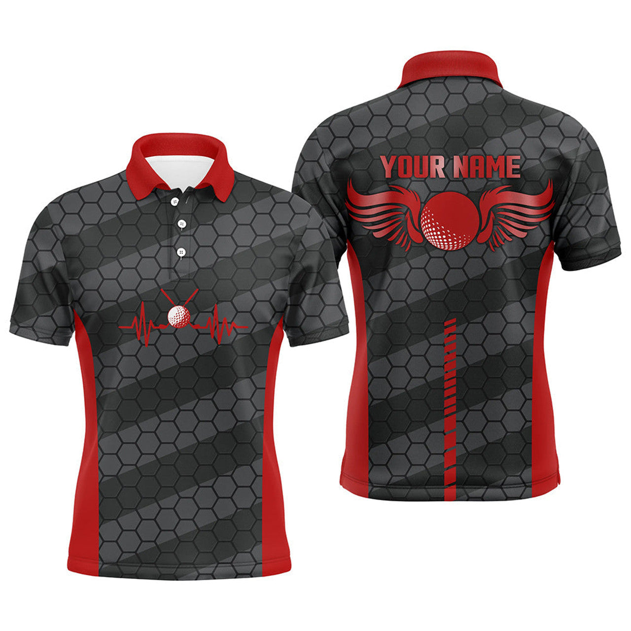 Custom Red and Black Heartbeat Golf Polos Cool Gifts Men's Polo Shirt S-5XL