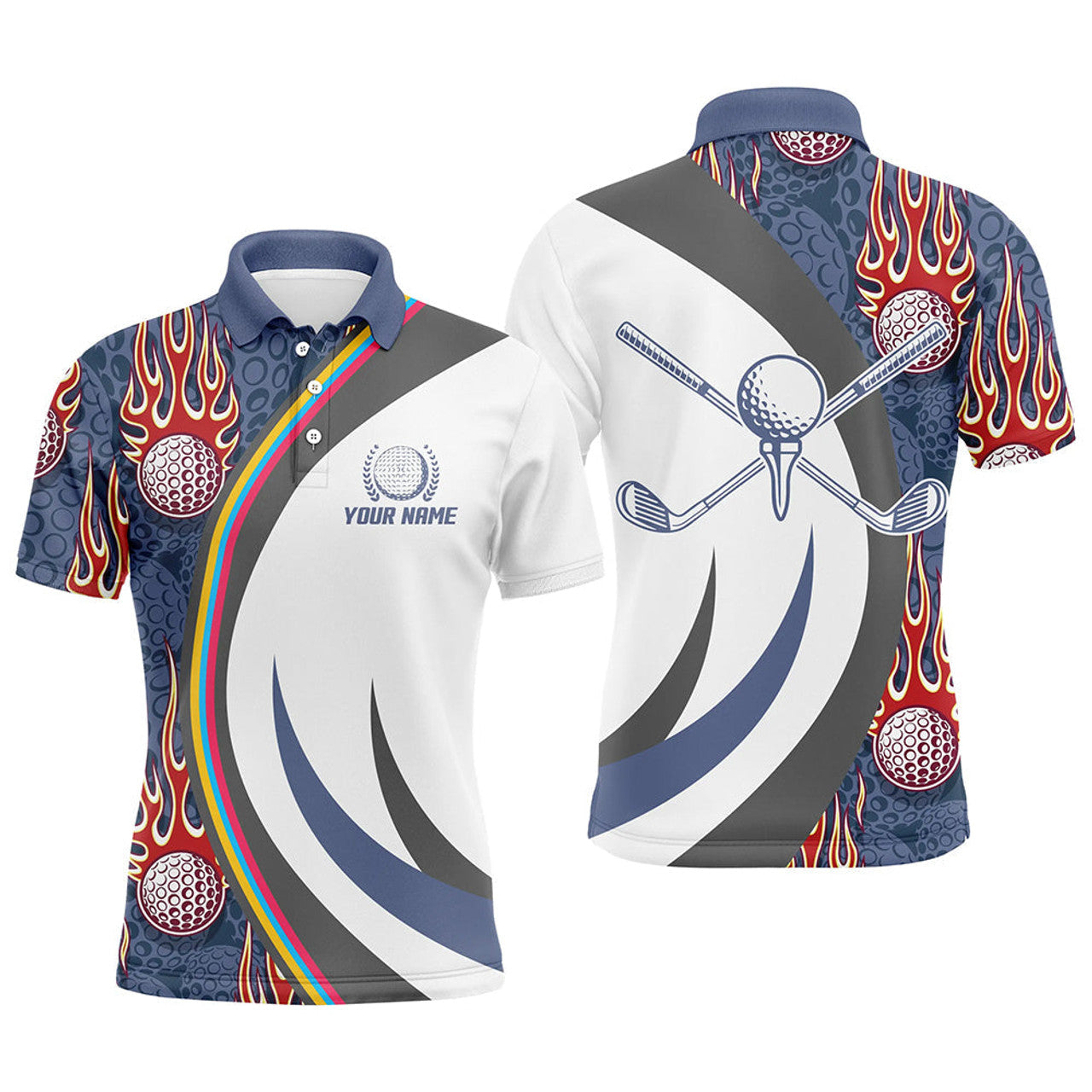 Red Flame Golf Ball Blue Custom Name Mens Polo Shirt S-5XL