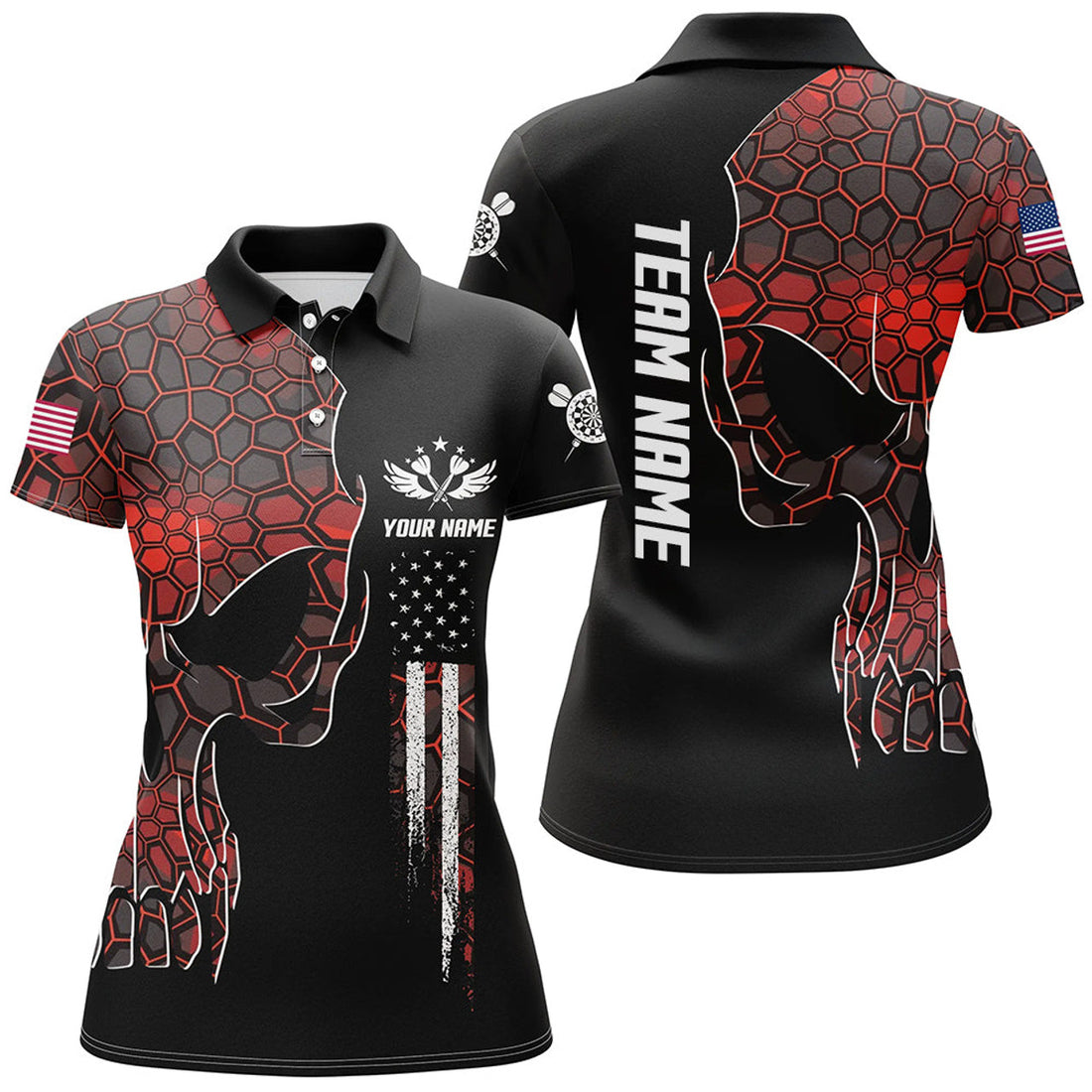 Custom American Flag Skull Darts Shirt Red Geometric Camo Women's Polo Shirts S-5XL