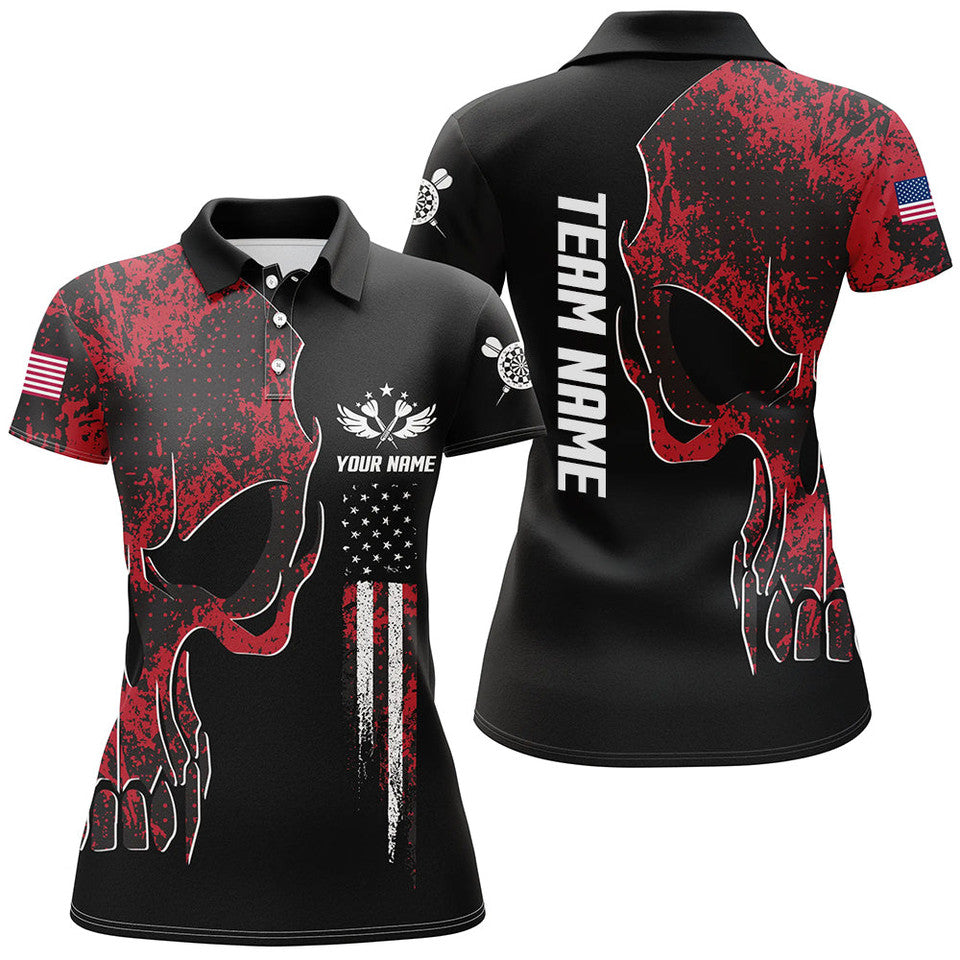 Custom American Flag Skull Darts Shirt Red Grunge Camo Women's Polo Shirts S-5XL