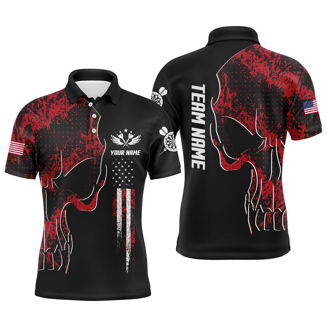 Red Grunge Camo American Flag Skull Darts Patriotic Men's Polo Shirt S-5XL