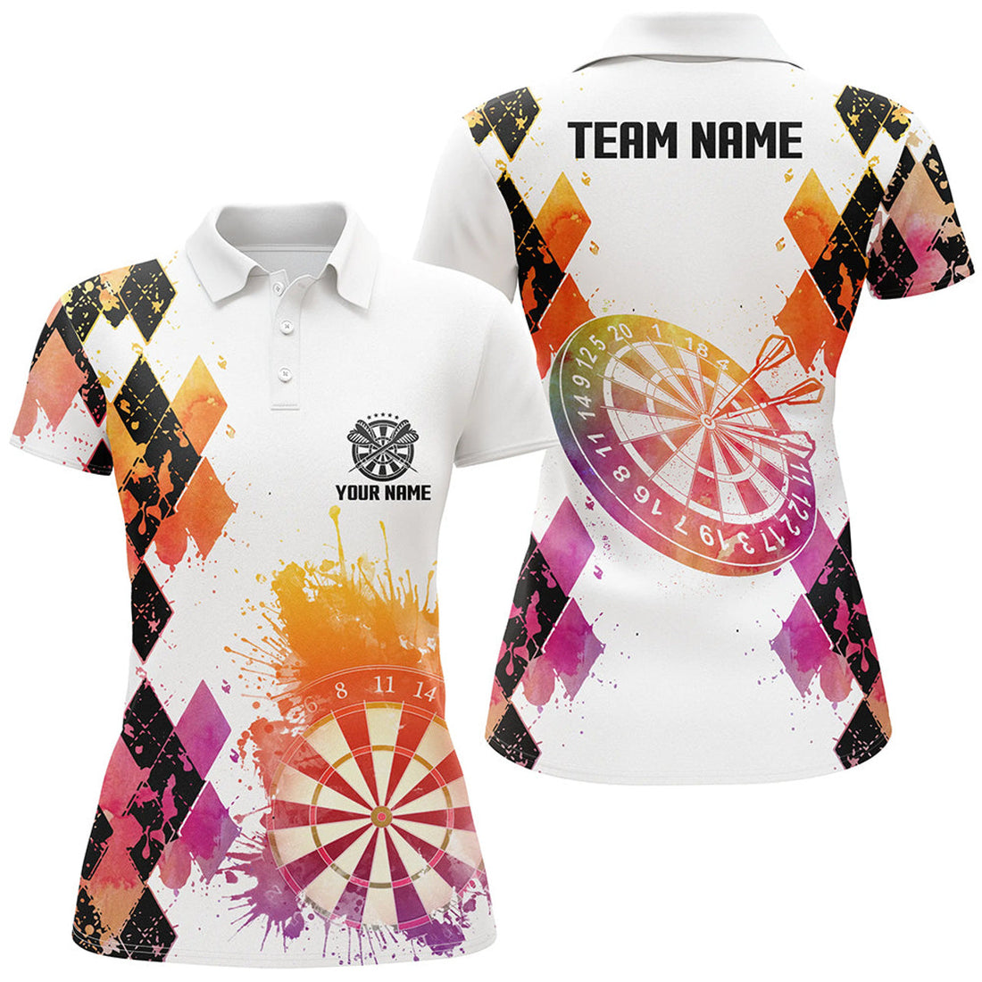 Custom Colorful Watercolor Argyle Pattern Darts Dart Women's Polo Shirts S-5XL
