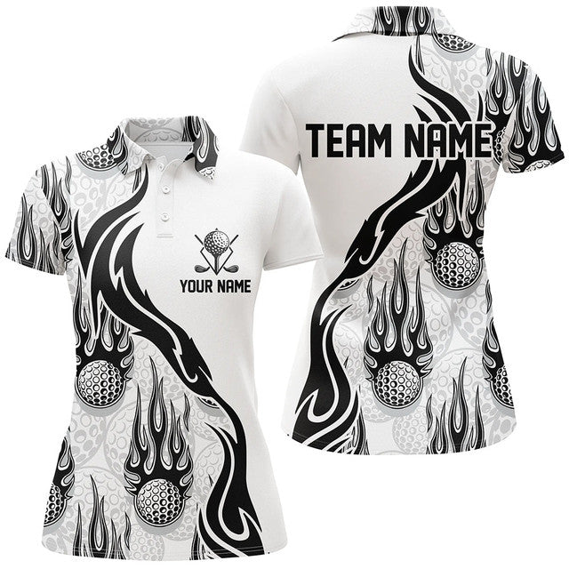 Custom Flame Golf Ball Black White Personalized Golf Women's Polo Shirts S-5XL
