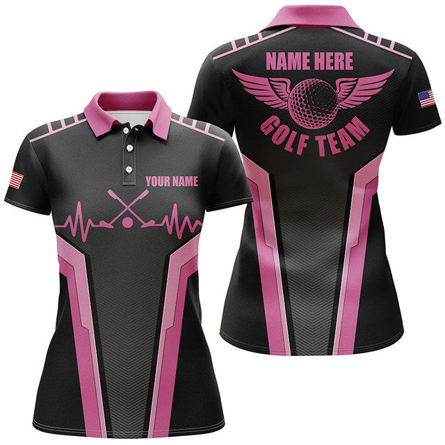 Customized Heartbeat Black Pink Golf Golfer Gifts Women's Polo Shirts S-5XL