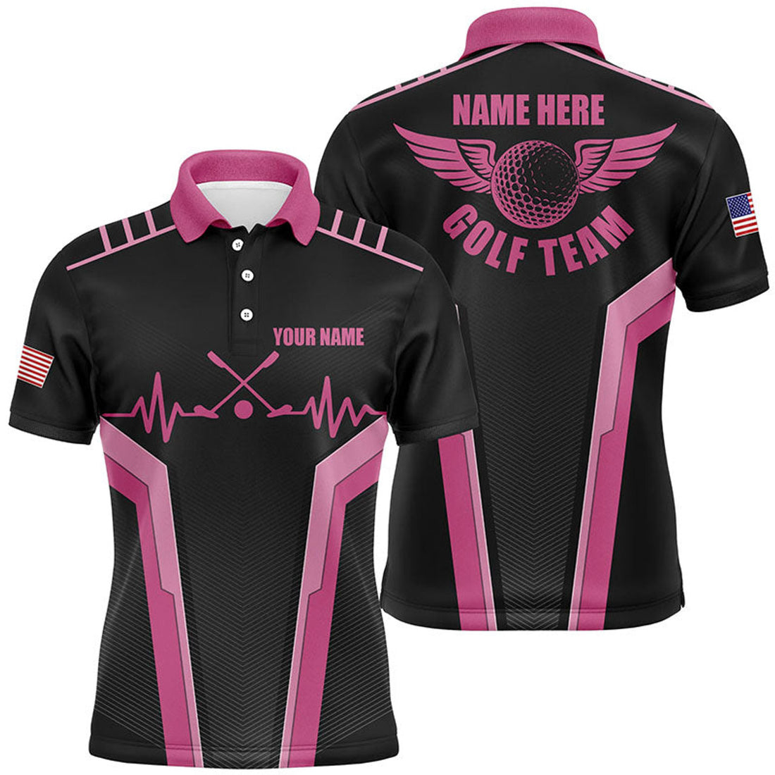 Customized Men's Golf Polo Shirt Heartbeat Black Pink Men's Polo Shirt S-5XL