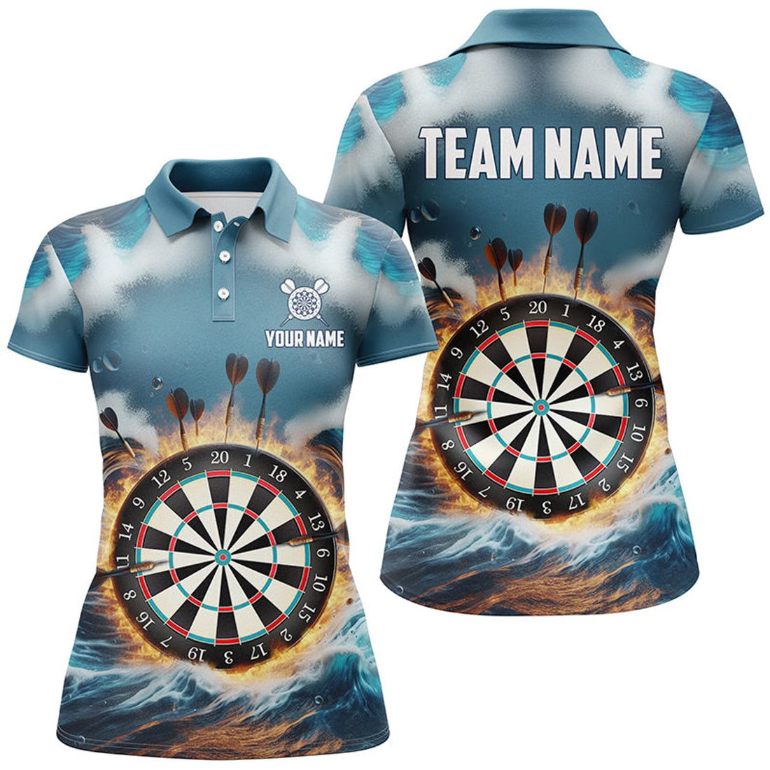 Custom Fire and Water Blue Darts for Stylish Design Women's Polo Shirts S-5XL