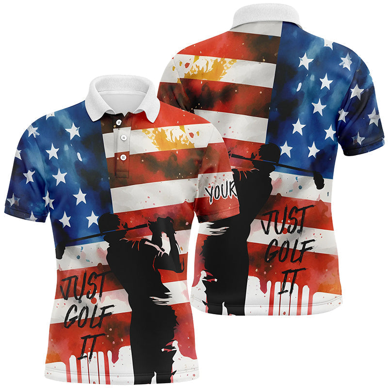 Watercolor American Flag Just Golf It Mens Polo Shirt S-5XL