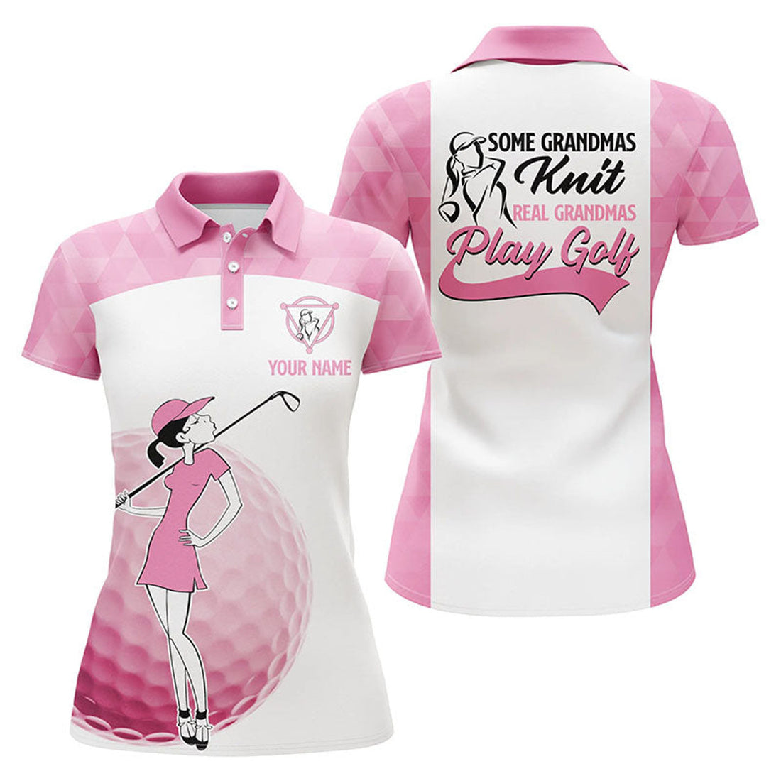 Custom Grandmas Play Golf White and Pink Funny Golf Gifts Women's Polo Shirts S-5XL