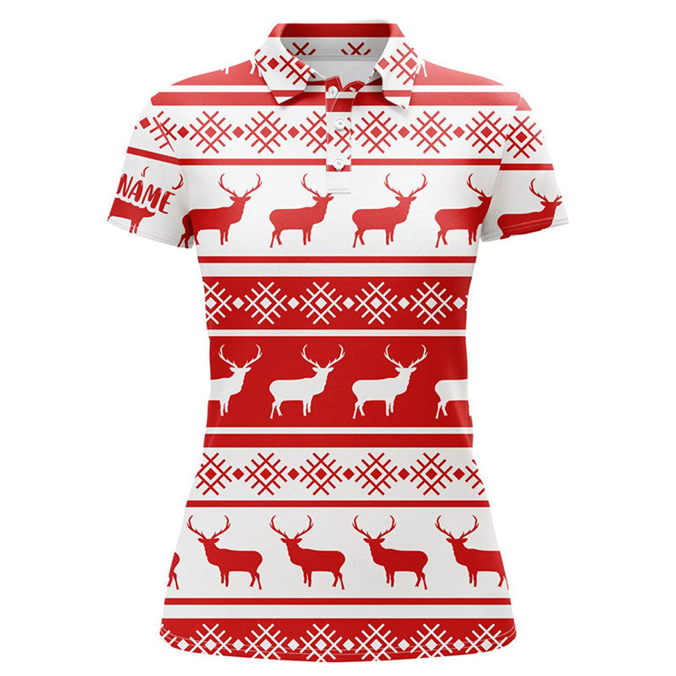 Custom Christmas Seamless Deer Pattern Red White Golf Shirt Women's Polo Shirts S-5XL