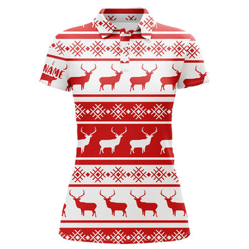 Custom Christmas Seamless Deer Pattern Red White Golf Shirt Women's Polo Shirts S-5XL