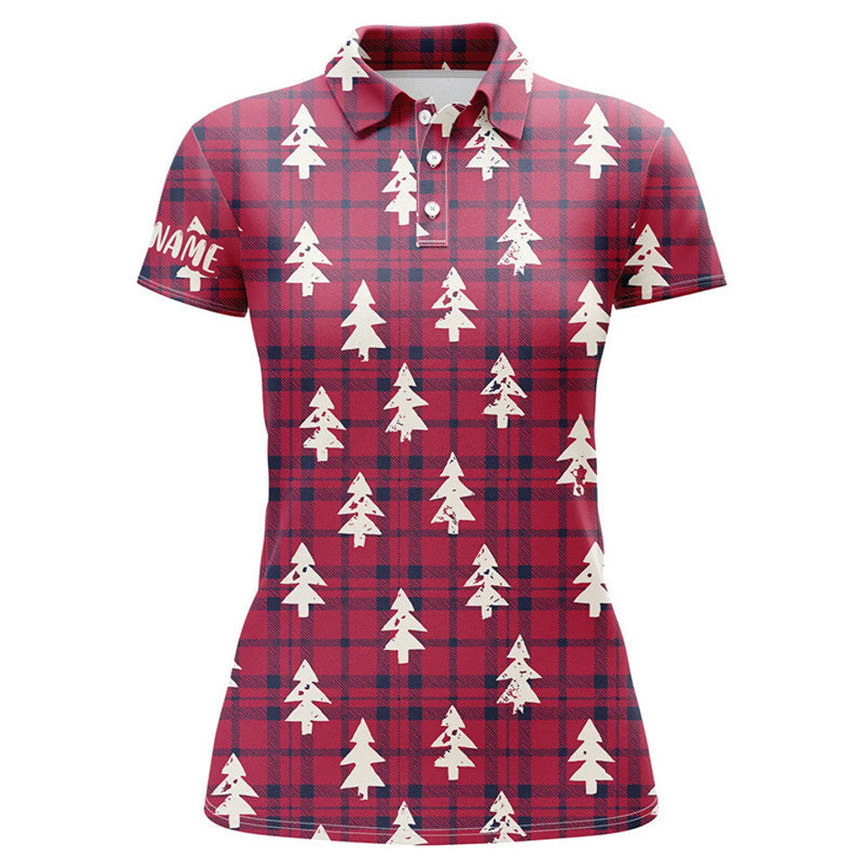 Custom Checker Plaid Christmas Tree Rustic Vintage Golf Top Women's Polo Shirts S-5XL