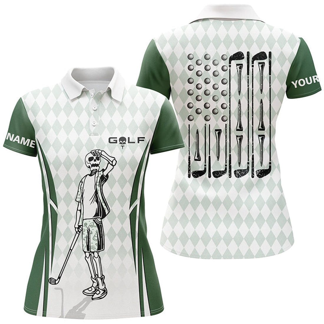 Custom Argyle American Flag Patriotic Golf Skull Design Women's Polo Shirts S-5XL