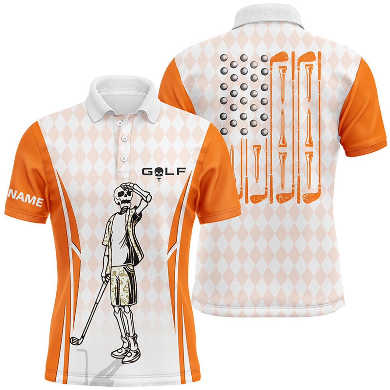 Men's Orange Argyle American Flag Patriotic Skull Golf Polo Shirt S-5XL