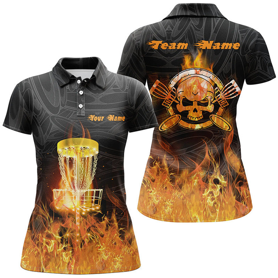 Custom Fire Flame Skull Disc Golf Shirt Orange Golf Gifts Women's Polo Shirts S-5XL