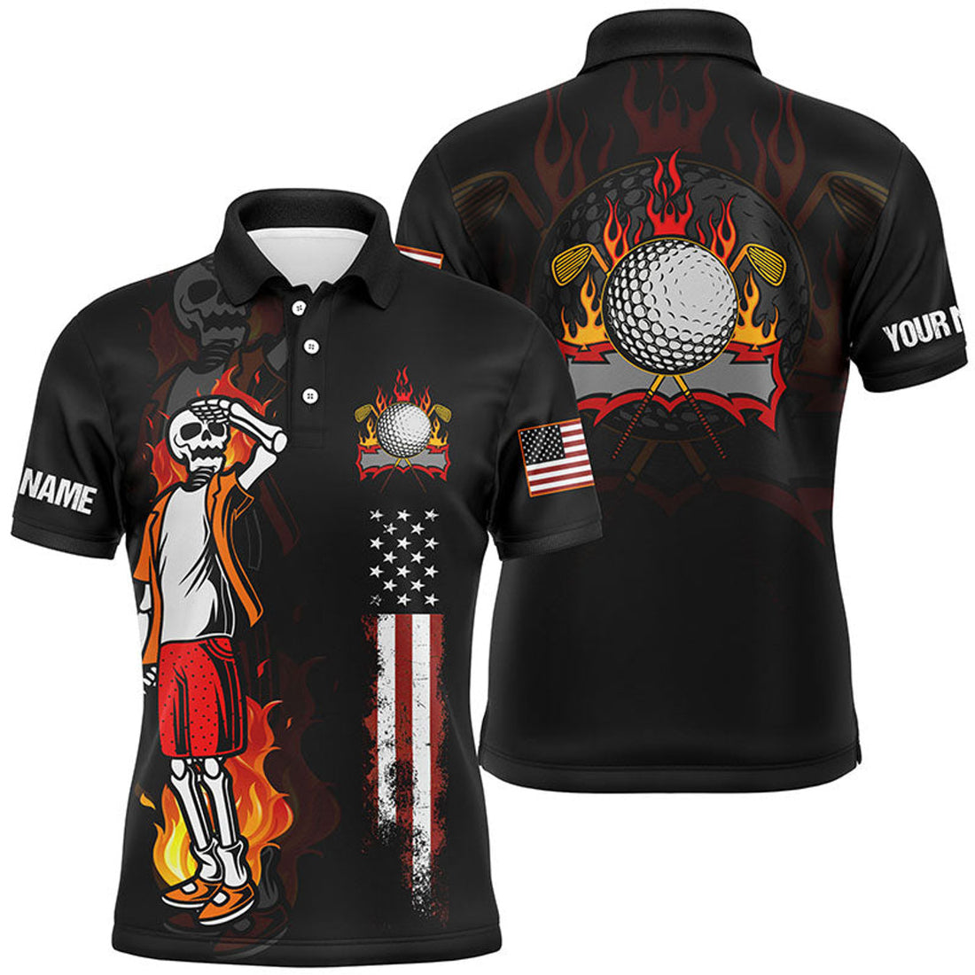 Custom Fire Skull Golf Shirt American Flag Golf Gifts Men's Polo Shirt S-5XL