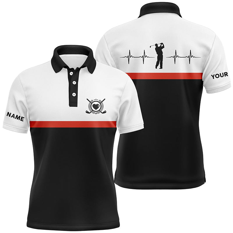Golf Heartbeat Black Orange Custom Name Shirt for Men Men's Polo Shirt