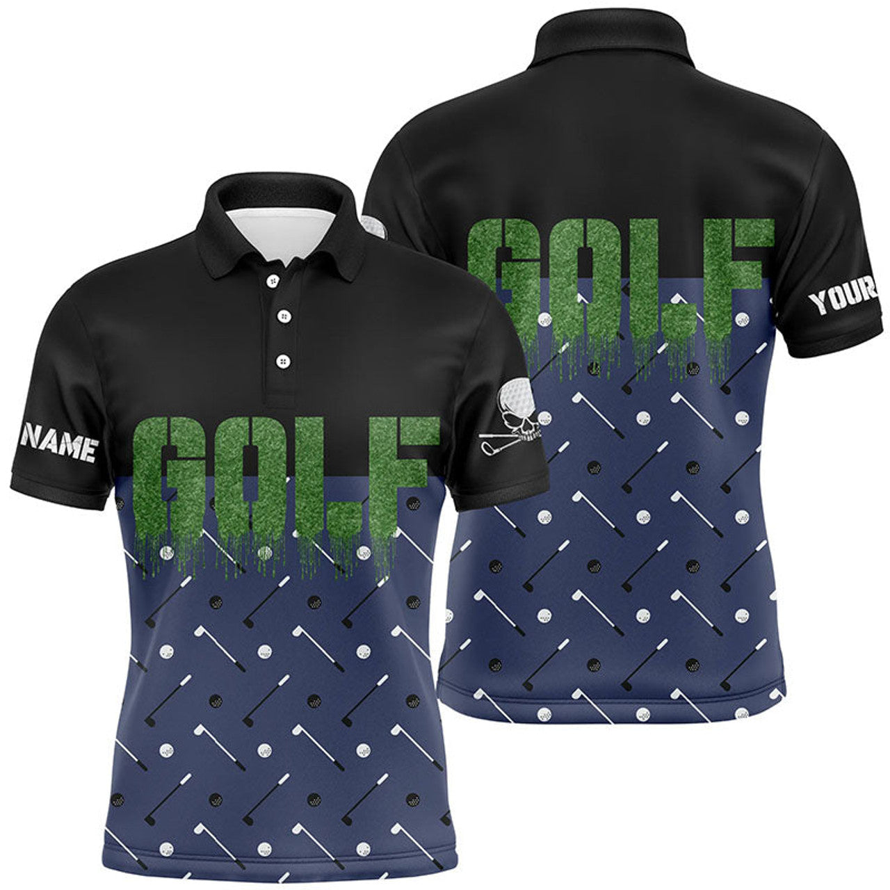 Custom Black and Navy Funny Golf Shirt Skull Gifts Men's Polo Shirt S-5XL