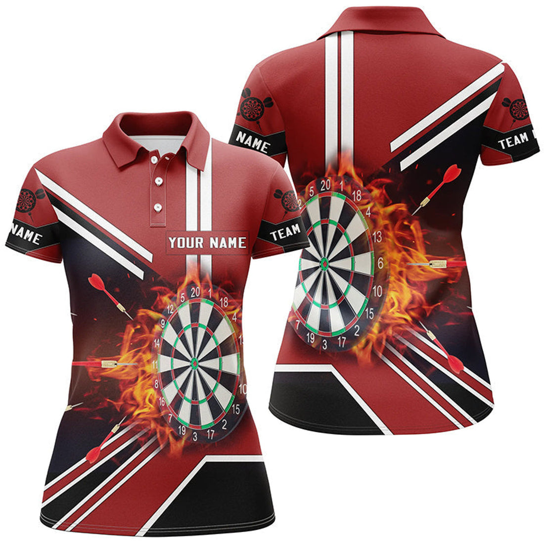 Custom Fire Dartboard Shirt with Black Red Flame Design for Women's Polo Shirts S-5XL