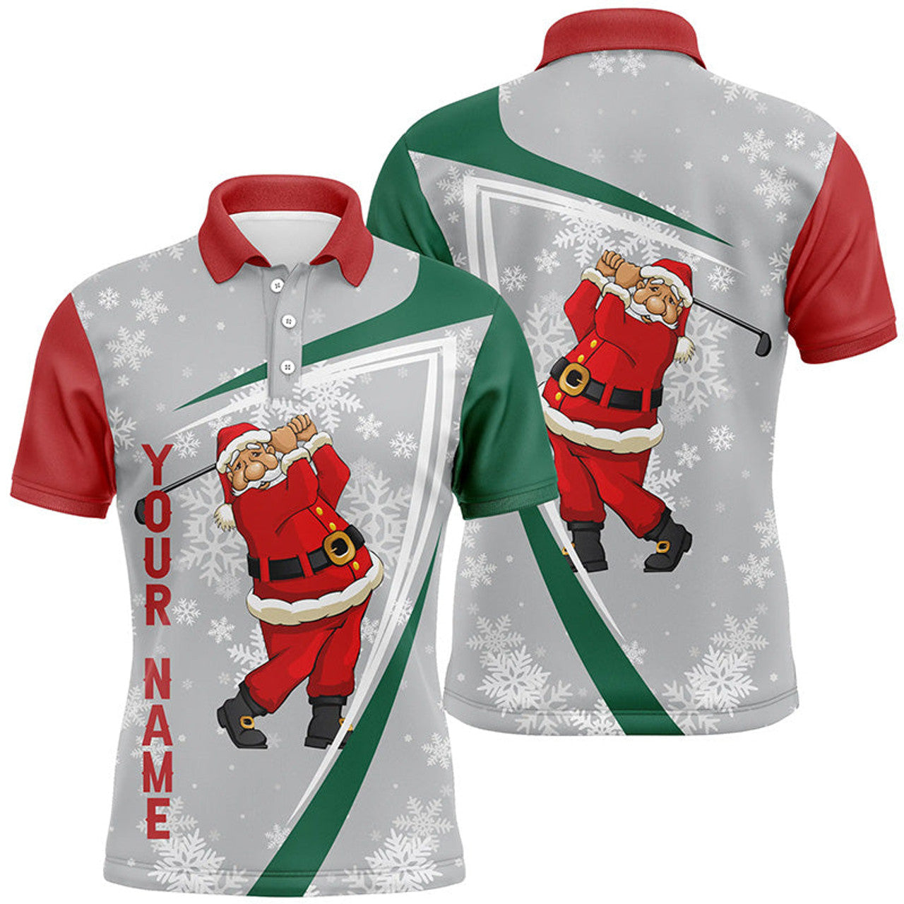 Santa Playing Golf Christmas Custom Funny Grey Snowflakes Men's Polo Shirt S-5XL