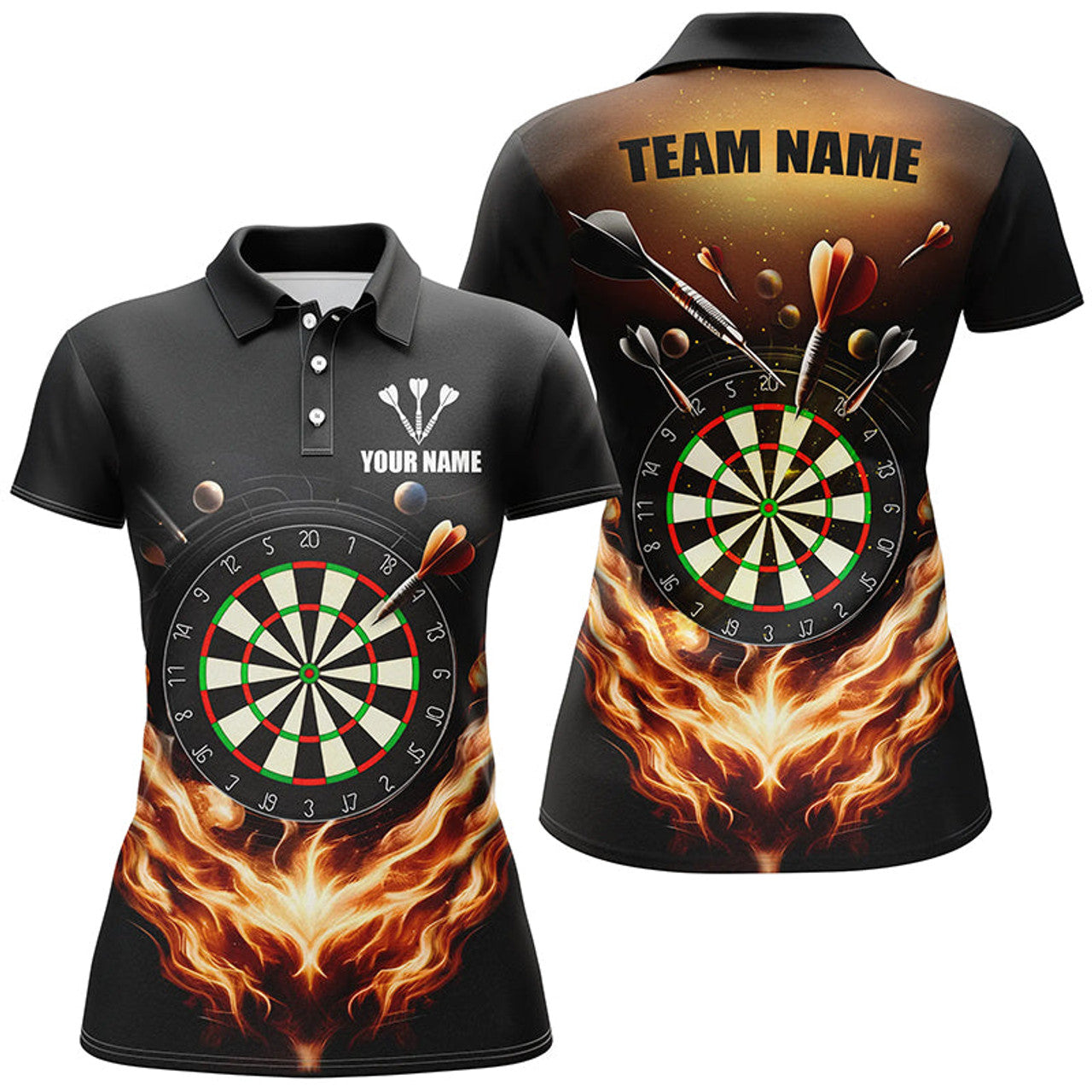 Custom Black Orange Flame Darts for Team Uniform Women's Polo Shirts S-5XL
