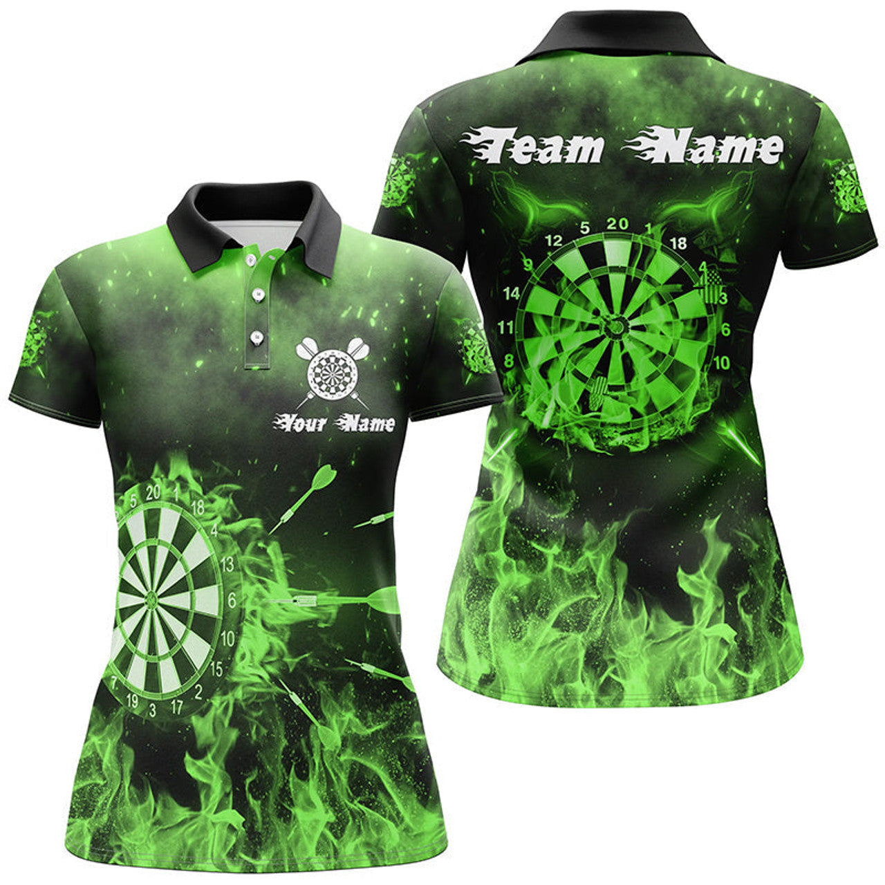 Custom Green Black Fire Flame Darts for Women's Polo Shirts S-5XL