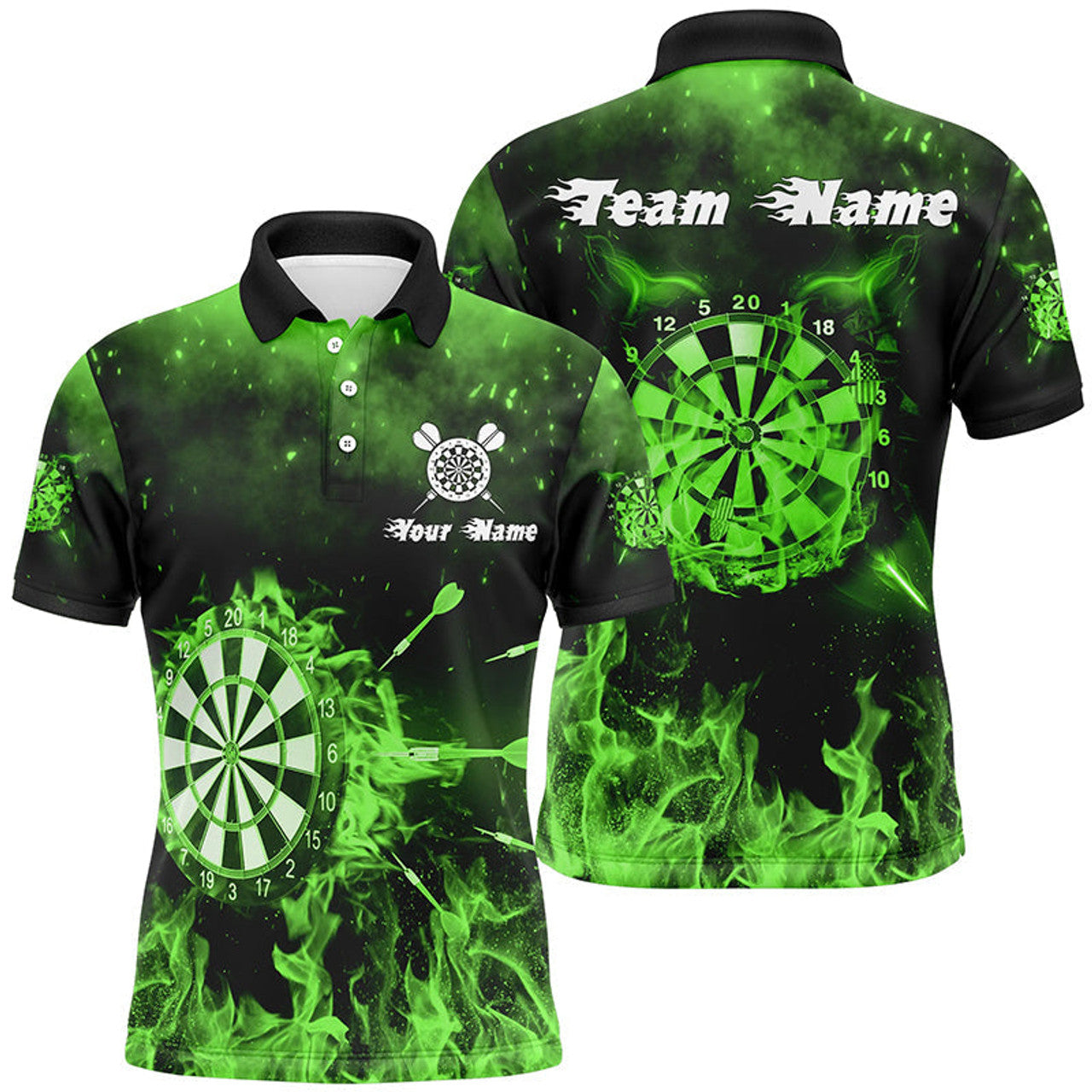Custom Name Green Fire Flame Darts Jersey Men's Polo Shirt S-5XL