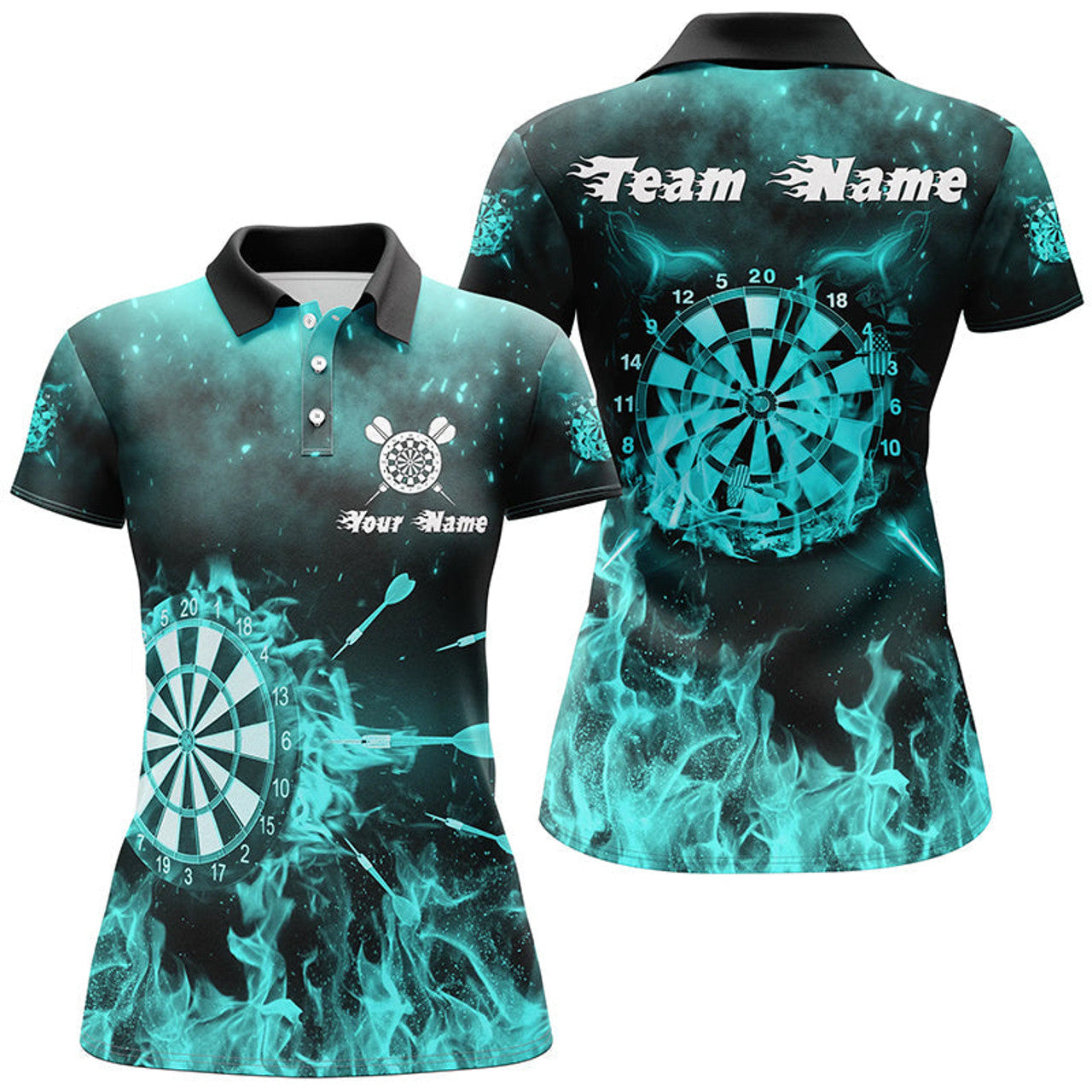 Custom Turquoise Fire Flame Darts for Stylish Design Women's Polo Shirts S-5XL