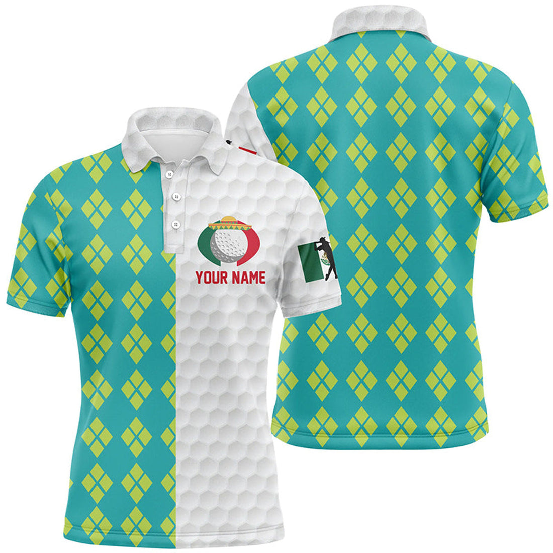 Custom Blue Yellow Argyle Mexican Flag Patriotic Golf Men's Polo Shirt S-5XL