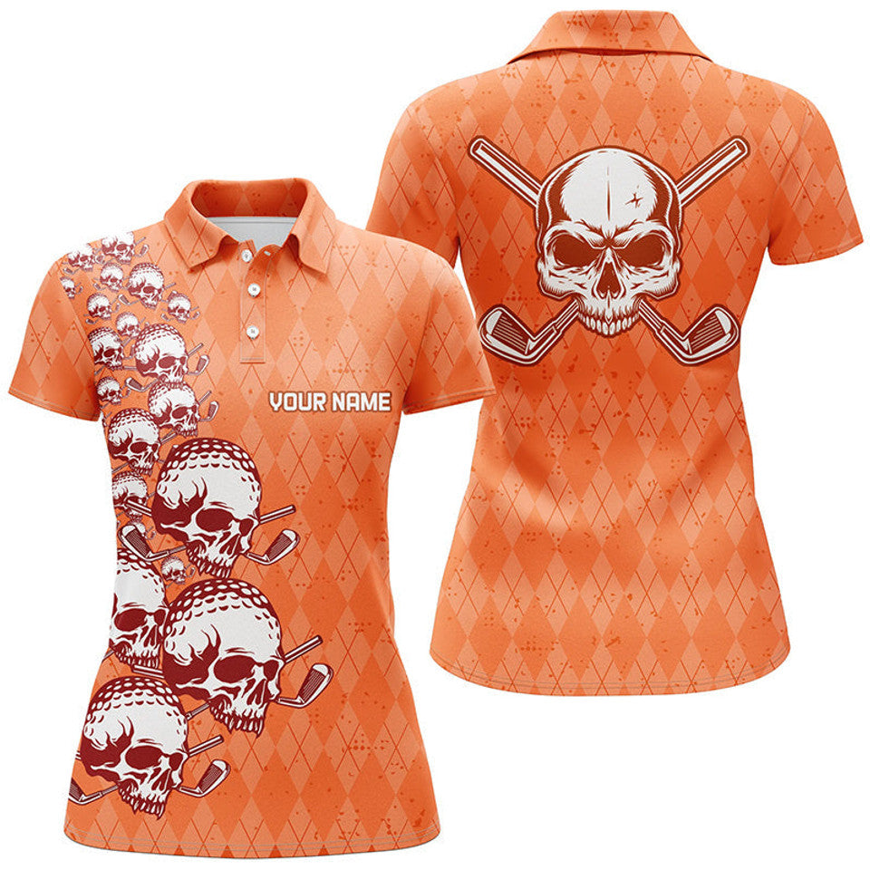 Custom Elegant Orange Argyle Pattern Skull Golf Halloween Women's Polo Shirts S-5XL