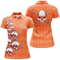 Custom Elegant Orange Argyle Pattern Skull Golf Halloween Women's Polo Shirts S-5XL