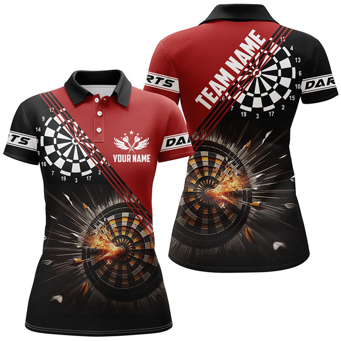 Custom Black Red Darts Fire Personalized Custom Dart Women's Polo Shirts S-5XL