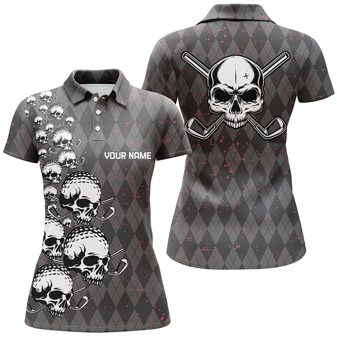 Custom Elegant Argyle Pattern Skull Women's Golf Polo Shirts Black S-5XL