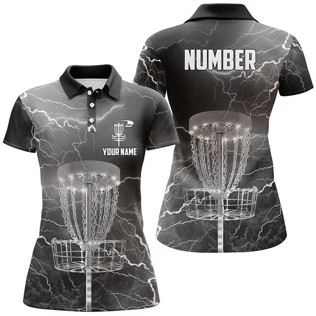 Custom Thunder Lightning Black Grey Disc Golf Shirts for Women's Polo Shirts S-5XL