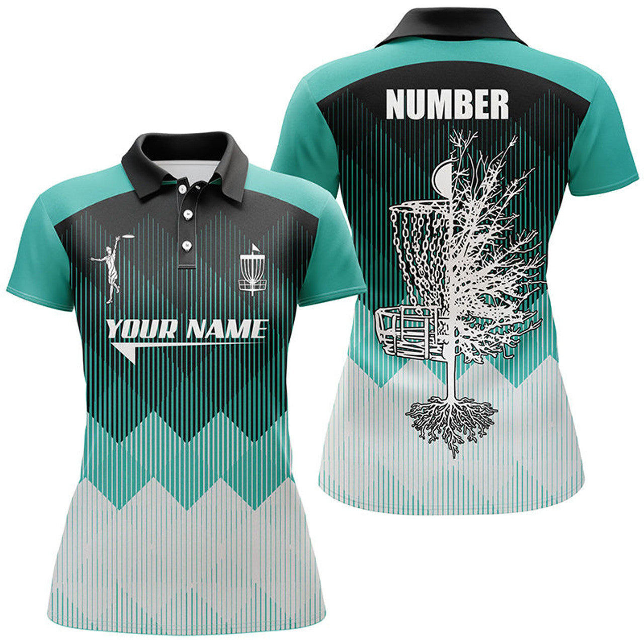Custom Turquoise Geometric Disc Golf Personalized Top Women's Polo Shirts S-5XL