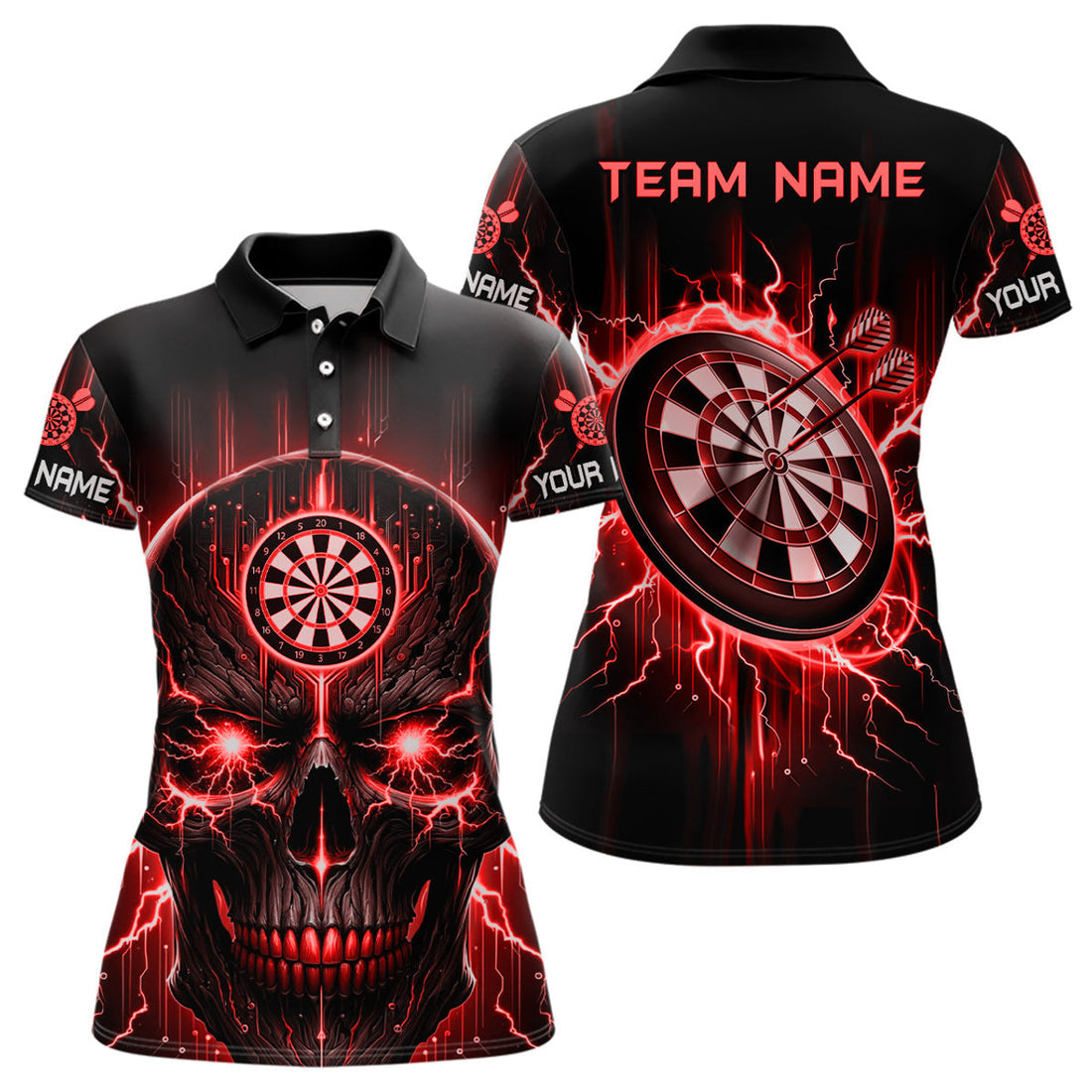 Custom Scary Darts Shirt with Black Red Skull Design Women's Polo Shirts S-5XL