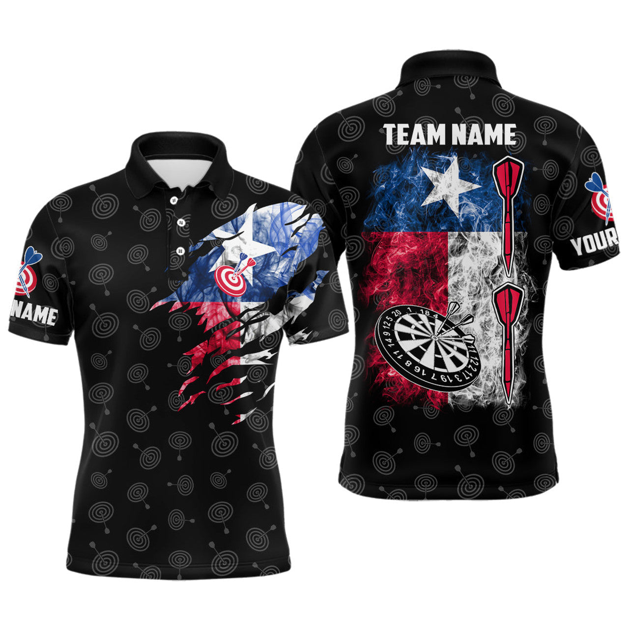 Custom Name Texas Smoke Flag Patriotic Darts Jersey Men's Polo Shirt S-5XL