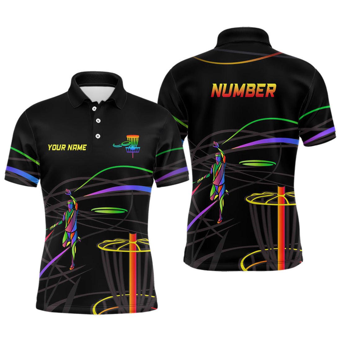 Personalized Rainbow Disc Golf Shirt with Custom Number Men's Polo Shirt S-5XL
