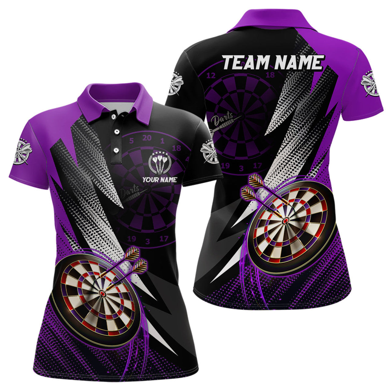 Custom Black Purple Darts Shirt for Team Personalized Women's Polo Shirts S-5XL