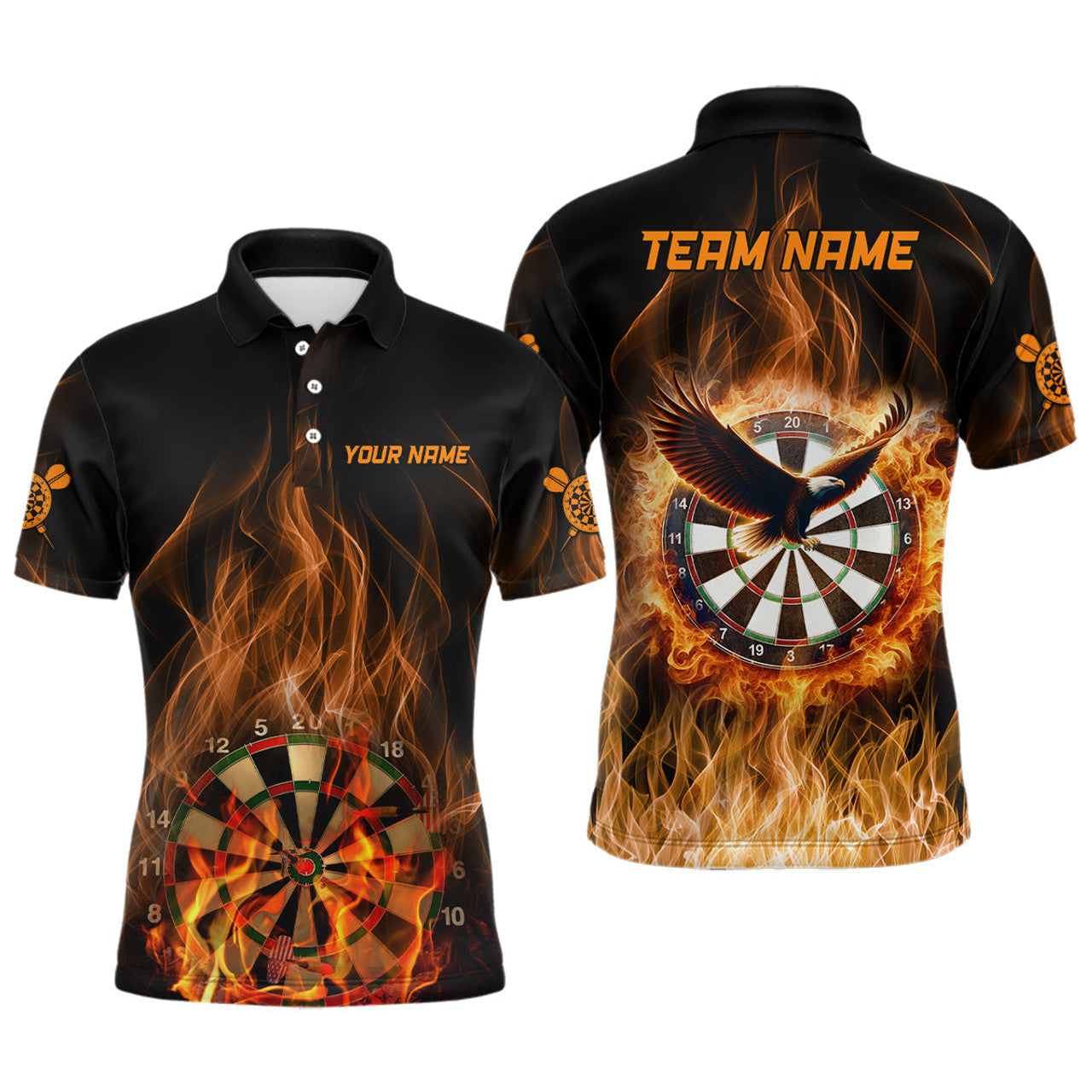 Custom Name Orange Fire Flame Eagle Darts Jersey Men's Polo Shirt S-5XL