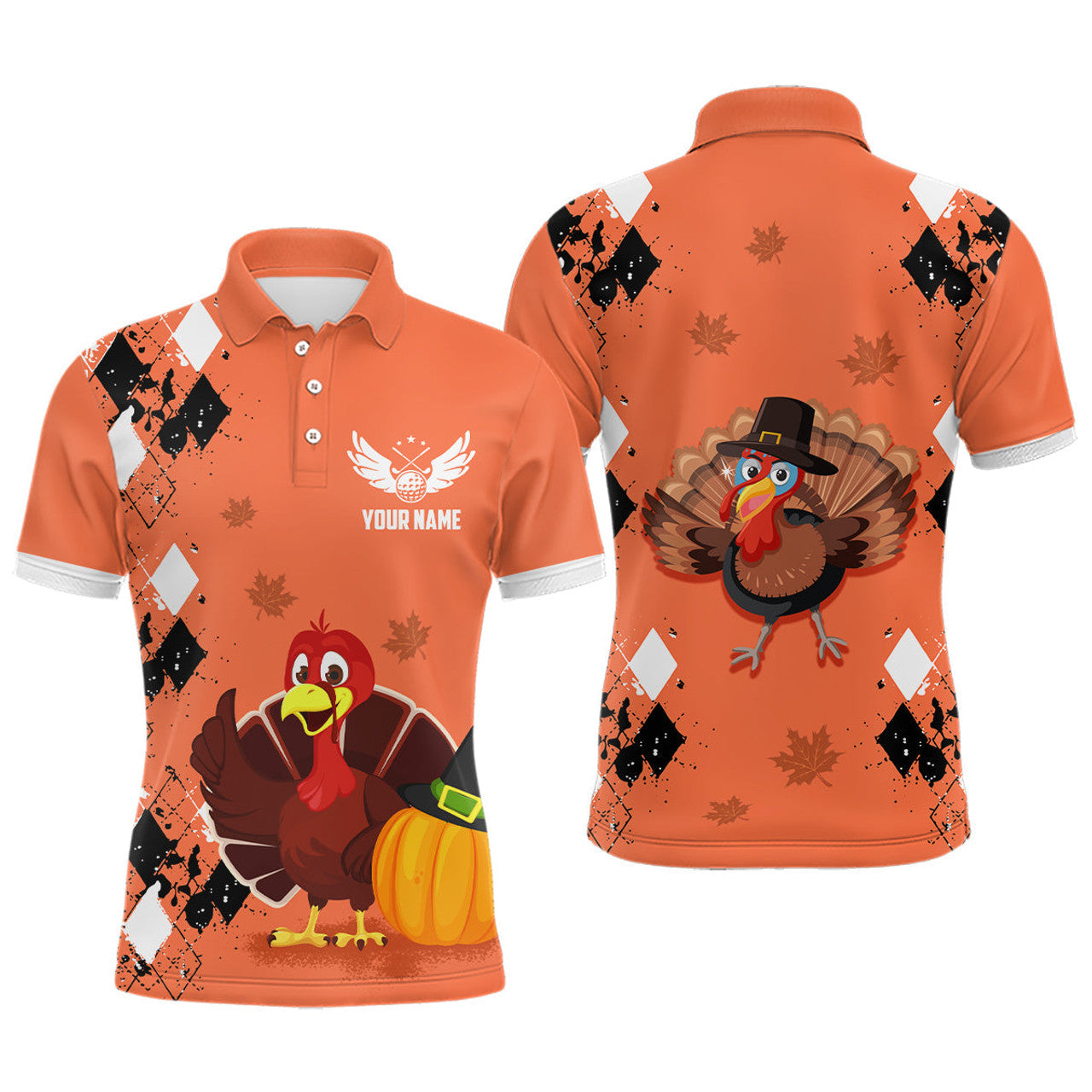 Turkey Bird Thanksgiving Golf Argyle Orange Custom Mens Polo Shirt S-5XL
