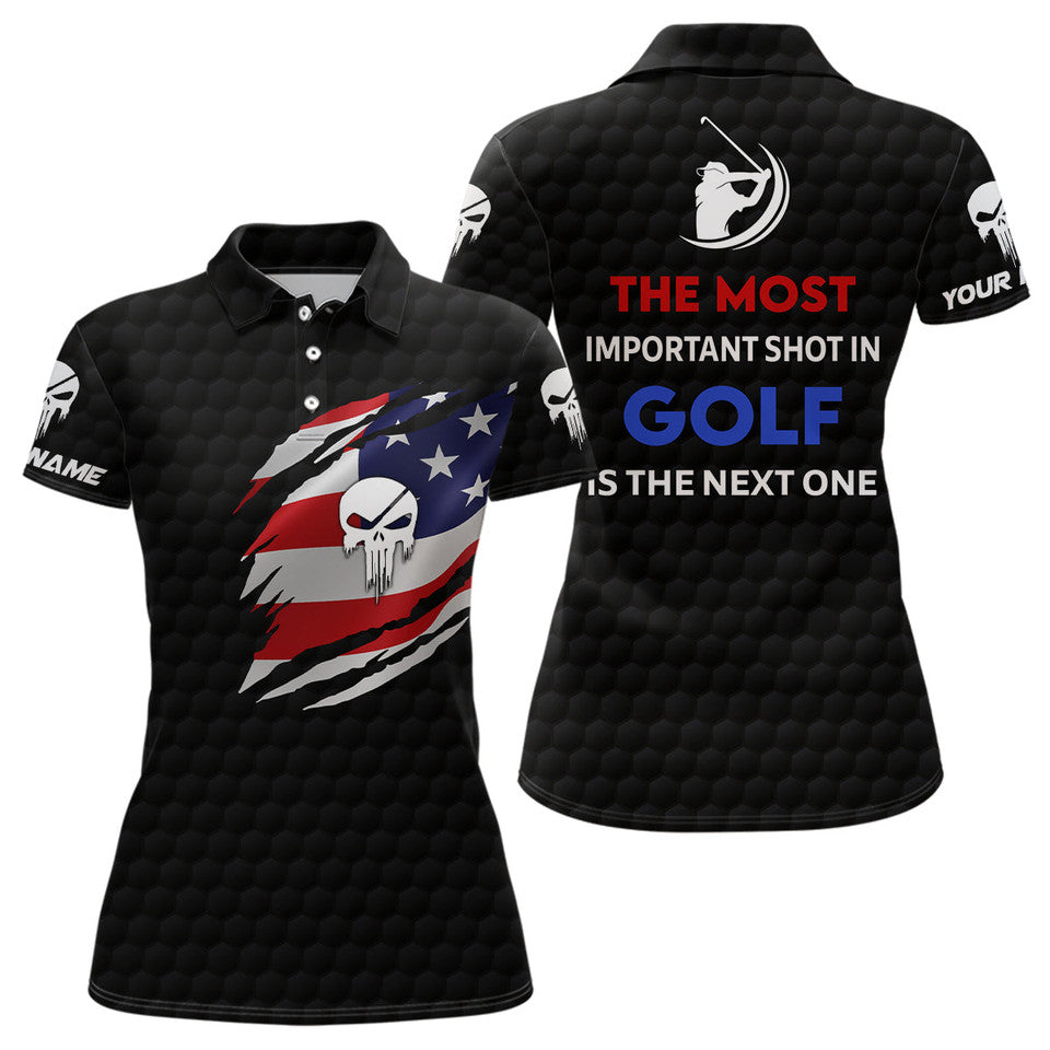 Custom Patriotic American Flag Skull Golf Golfing Gift Women's Polo Shirts S-5XL