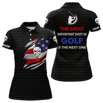 Custom Patriotic American Flag Skull Golf Golfing Gift Women's Polo Shirts S-5XL