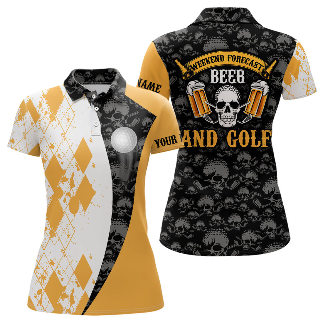 Custom Weekend Forecast Beer and Golf Skull Argyle Shirt Women's Polo Shirts S-5XL