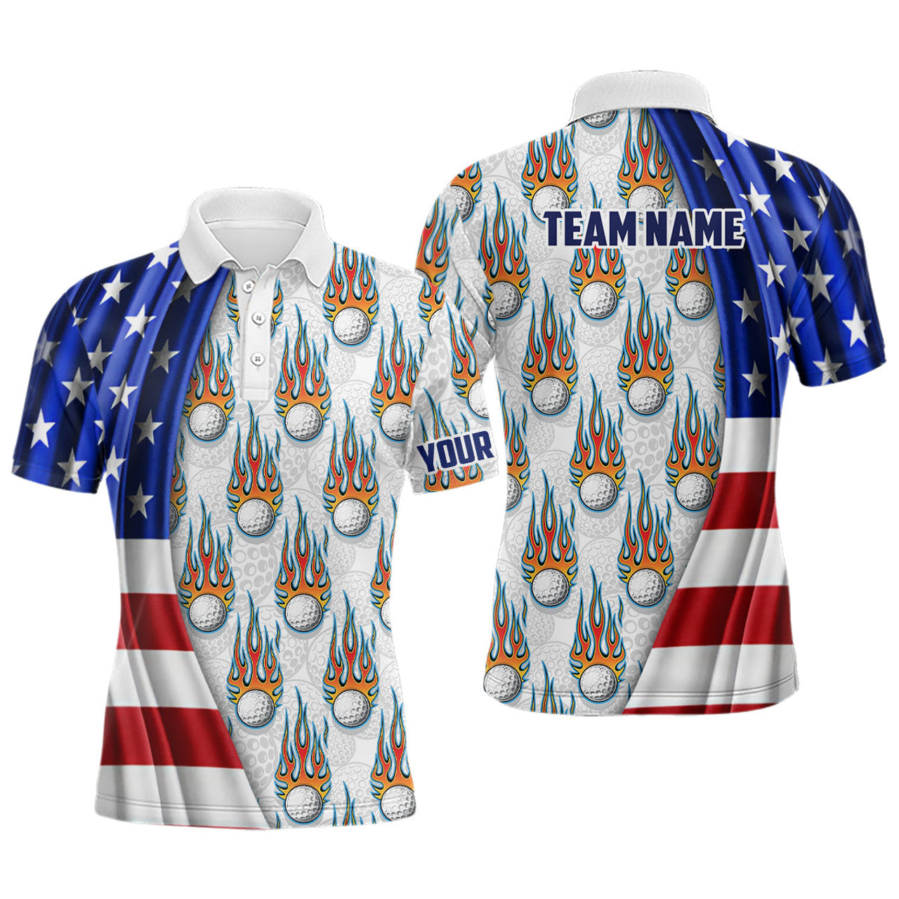Custom American Flag Fire Flame Patriotic Golf Shirt Men's Polo Shirt S-5XL