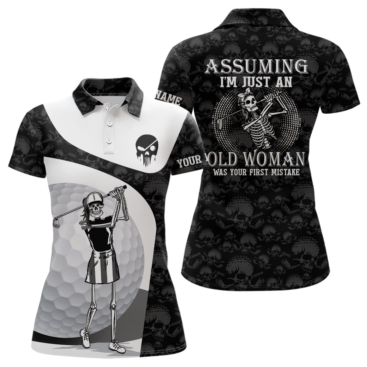 Custom Old Woman Skull Golf Shirt Funny Skeleton Women's Polo Shirts S-5XL