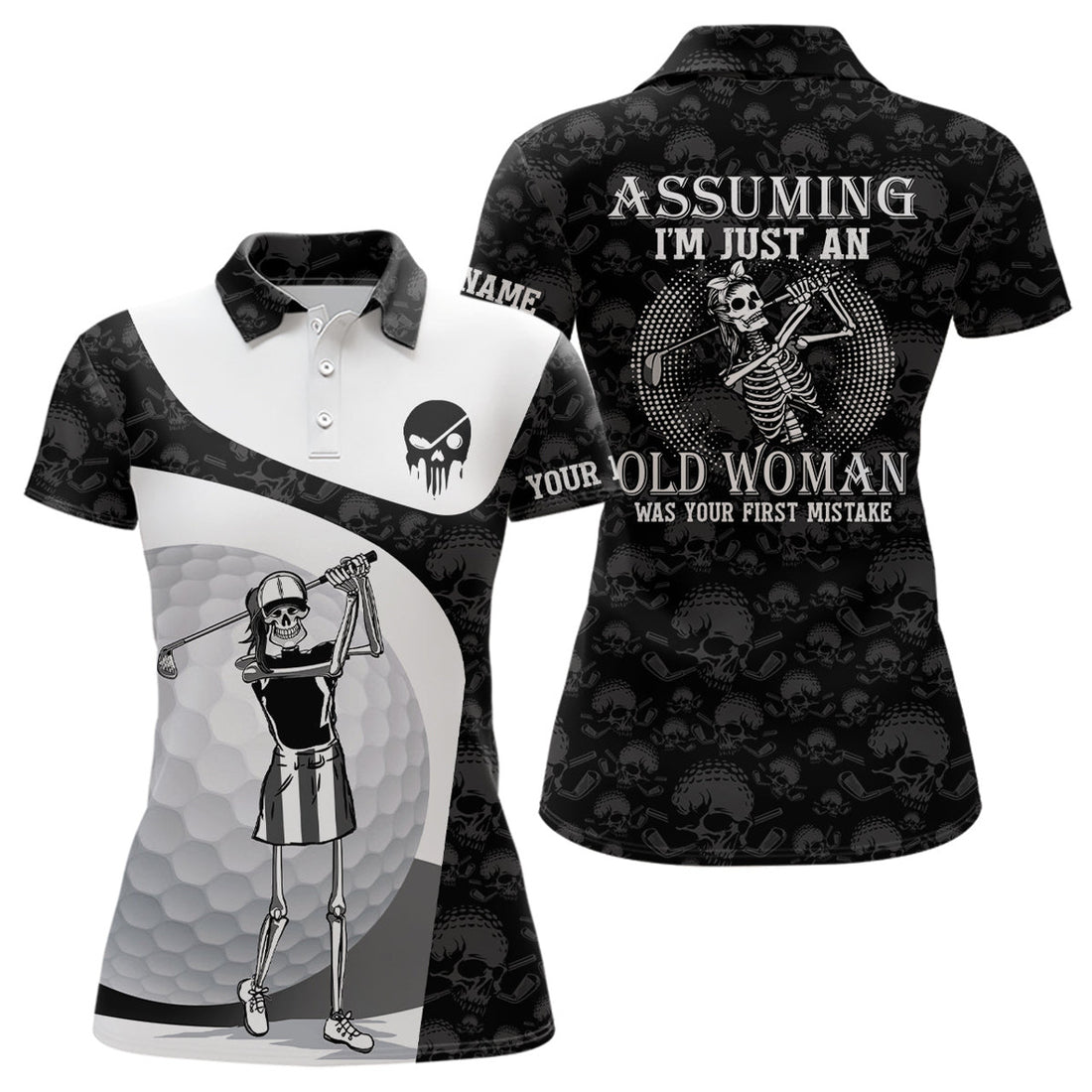 Custom Old Woman Skull Golf Shirt Funny Skeleton Women's Polo Shirts S-5XL